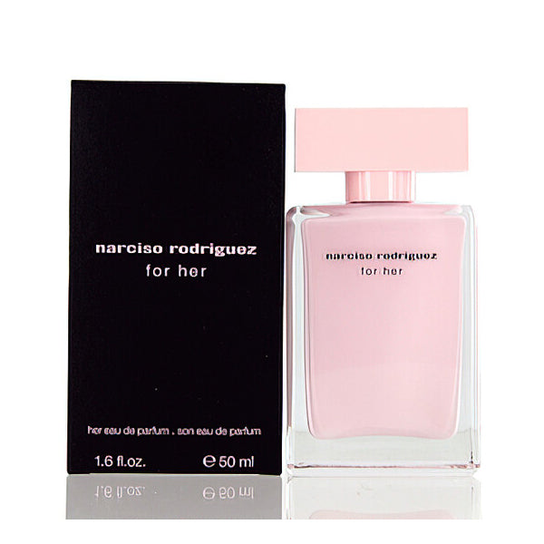 A 1.6oz bottle of Narciso Rodriguez For Her Eau De Parfum for Women, in a pink-capped bottle with matching box—a refined Floral Woody Musk scent by Narciso Rodriguez.